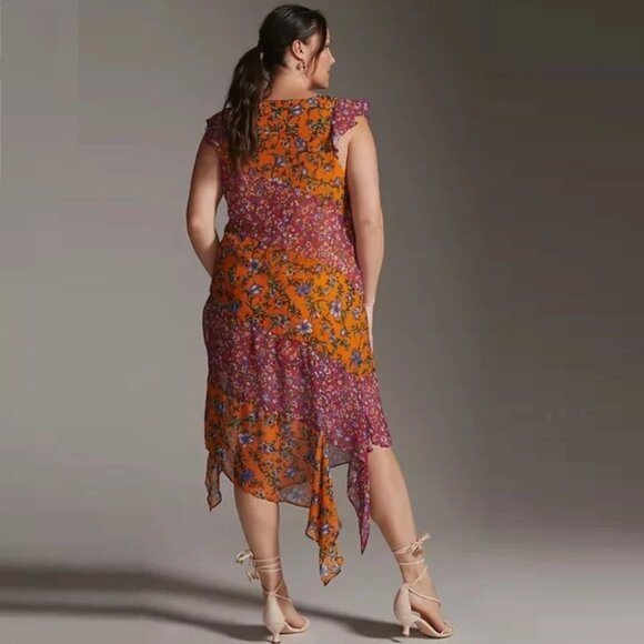 BY ANTHROPOLOGIE Floral Hanky-Hem Midi Dress Ruffle Sleeve OB1465463 Women Large - Picture 2 of 16
